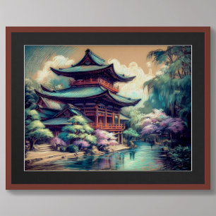 Pastel Teckning Asian Pagoda och Scenery Poster