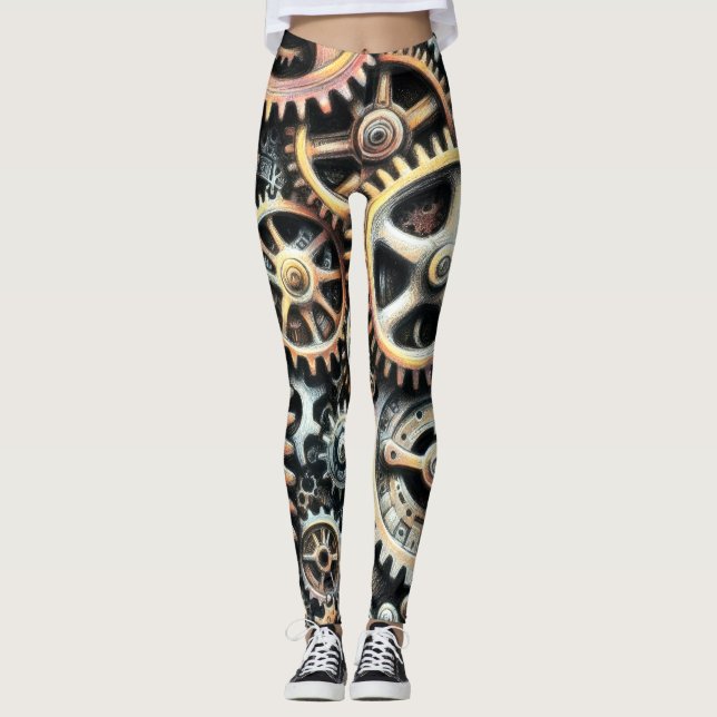 Pastel Teckning av Cogs Gears Steampunk Leggings (Framsida)