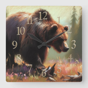 Pastel Teckning av Grizzly Bear in Nature Fyrkantig Klocka