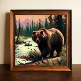 Pastel Teckning av Grizzly Bear in Nature Poster