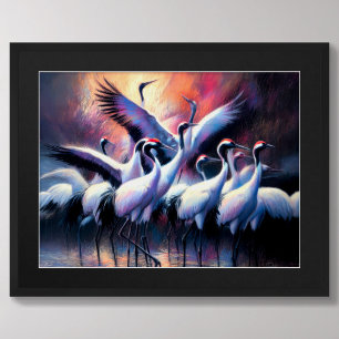 Pastel Teckning av kinesisk rödkronad tranes Flock Poster