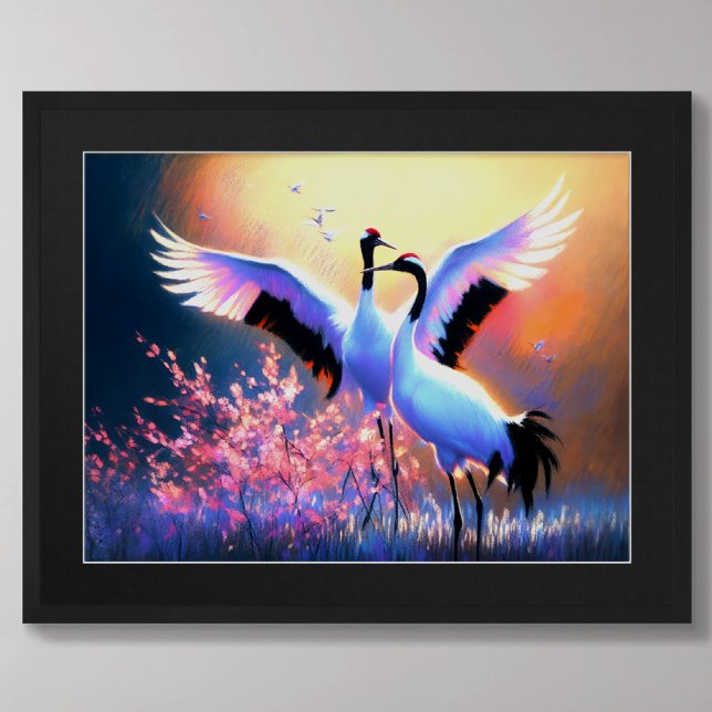 Pastel Teckning av kinesiska rödkrönta Cranes Pair Poster (Skapare uppladdad)