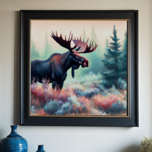Pastel Teckning av Moose i naturen Poster