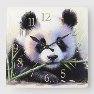Pastel Teckning av Panda Bear Bamboo II Fyrkantig Klocka