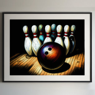 Pastel Teckning Bowling Strejka Poster