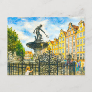 Pastel teckning från Danzig’ Neptune Fontän på Lon Helg Vykort