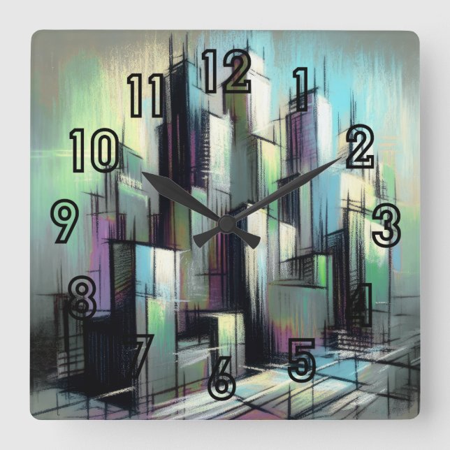 Pastel Teckning Futuristiska City Abstrakt Fyrkantig Klocka (Framsida)