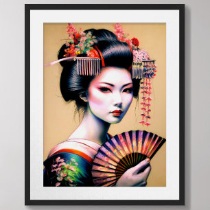 Pastel Teckning Geisha Kimono Fläkt Poster