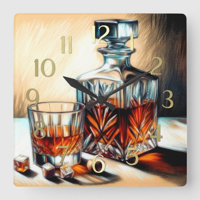 Pastel Teckning Glas av Liquor Crystal Decanter Fyrkantig Klocka (Framsida)