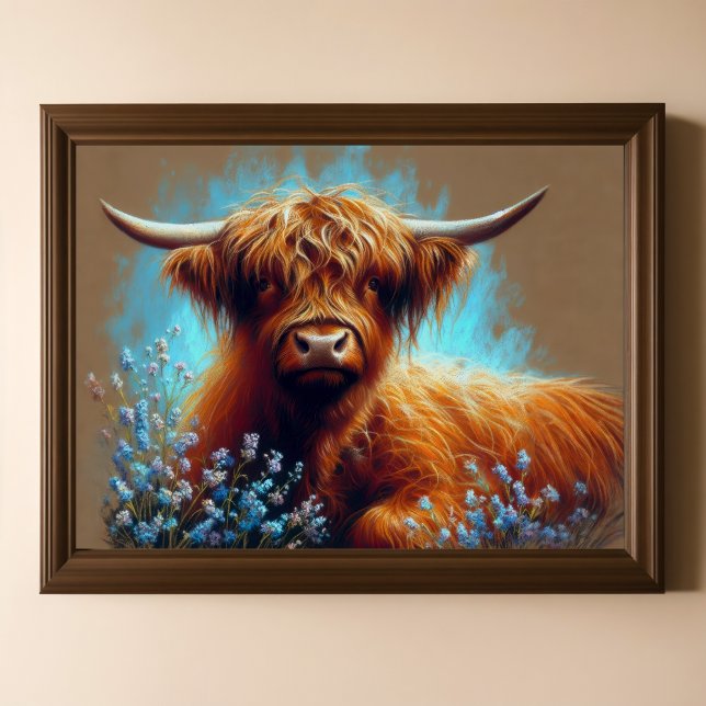 Pastel Teckning Highland Cow Blåa blommor Poster (Skapare uppladdad)