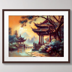 Pastel Teckning i den antika byn Pagoda i Kina Poster