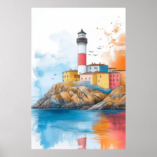 Pastel Teckning i fyr- och sjöbelysning Poster (Framsidan)