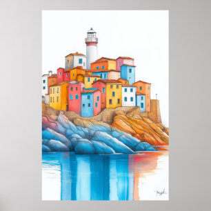 Pastel Teckning i fyr- och sjöbelysning Poster