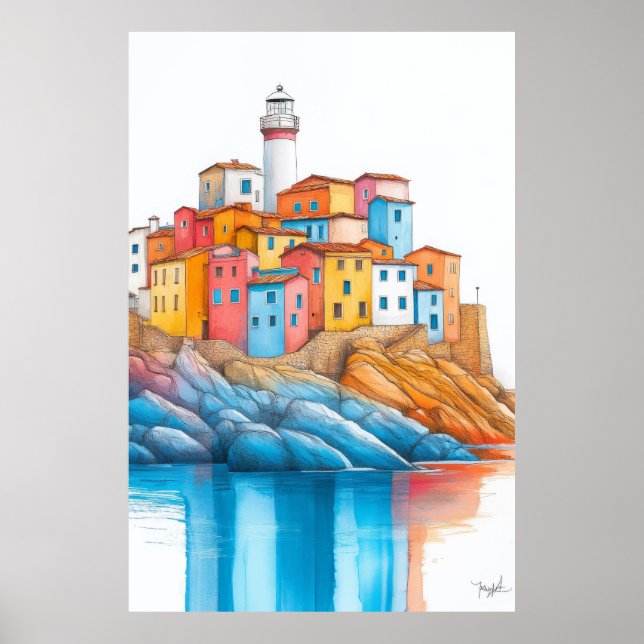 Pastel Teckning i fyr- och sjöbelysning Poster (Framsidan)
