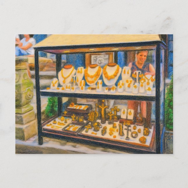 Pastel teckning på Danzig Amber street med butik Helg Vykort (Framsida)