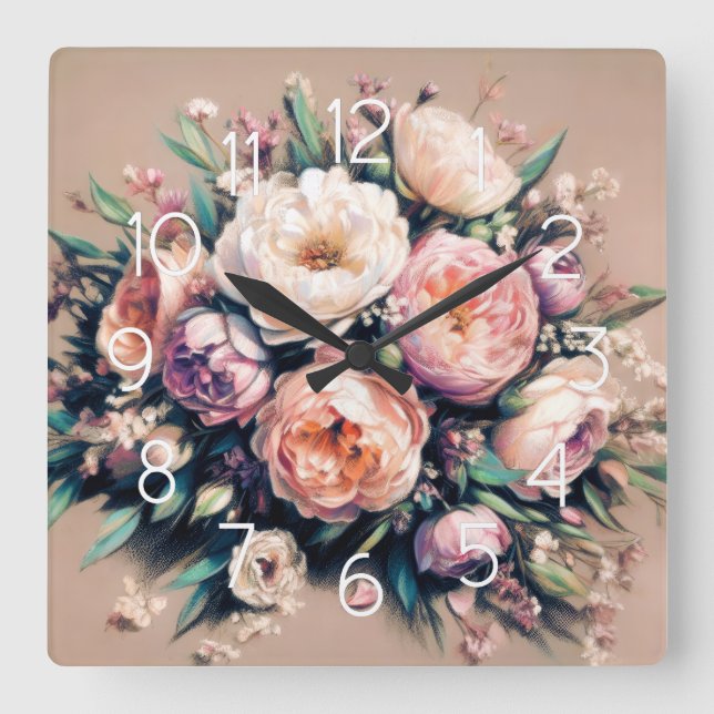 Pastel Teckning Peony Bouquet Rosa Wall Clock Fyrkantig Klocka (Framsida)