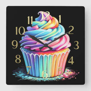 Pastel Teckning Rainbow Swirl Frosting Cuptårta Fyrkantig Klocka