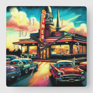 Pastel Teckning Vintage Middag och Cars Fyrkantig Klocka