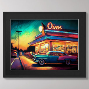 Pastel Teckning Vintage Roadside Middag and Car Poster