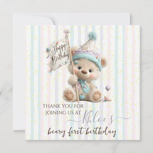 Pastel Teddy Bear Birthday  Tack Kort (Framsida)