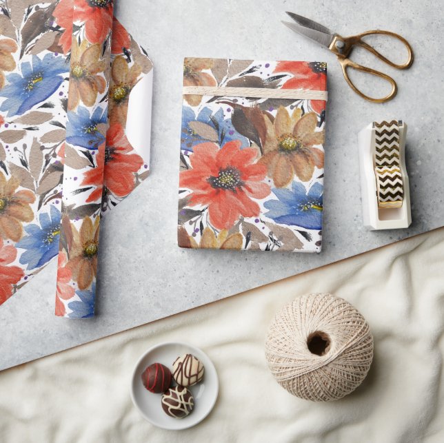 Pastel Terracotta Blue Blommigt Watercolor Mönster Presentpapper (Hantverk)