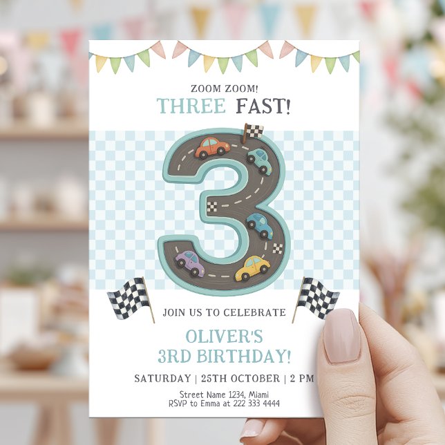 Pastel Three Fast Birthday Car Inbjudningar (Skapare uppladdad)