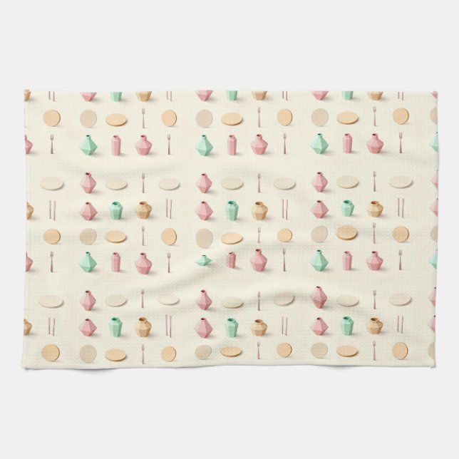 Pastel toned isometric low poly vases and cutlery kökshandduk (Horisontell)
