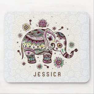 Pastel Tones Retro Blommigt Elephant On White Musmatta