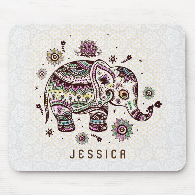 Pastel Tones Retro Blommigt Elephant On White Musmatta (Framsidan)