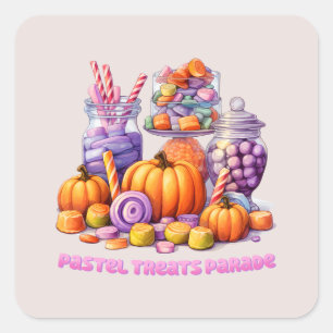 Pastel Treats Parad - Cute Candy & Pumpkin Fyrkantigt Klistermärke
