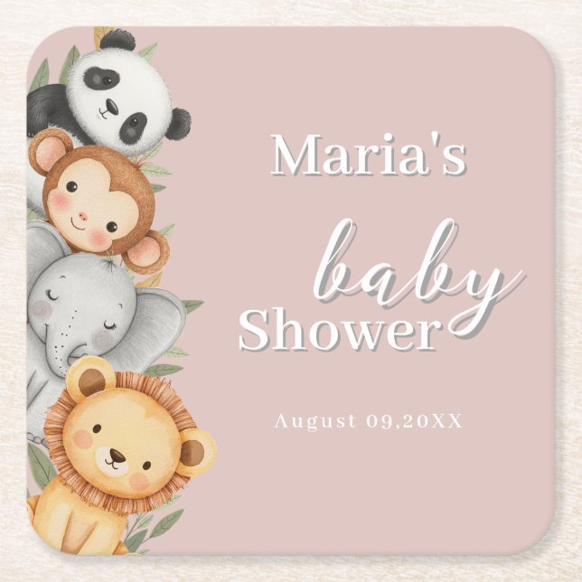 Pastel Tropical Baby Shower Jungle Safari Animals Underlägg Papper Kvadrat (Framsidan)