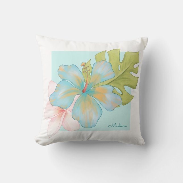 Pastel Tropical Blommigt Arrangemang med Namn Kudde (Framsida)