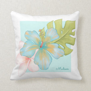 Pastel Tropical Blommigt Arrangemang med Namn Kudde