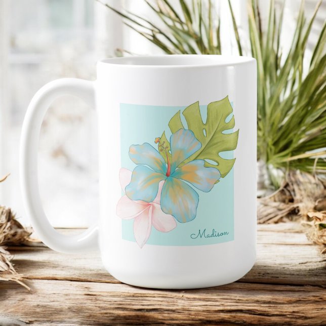 Pastel Tropical Blommigt med valfritt Namn Kaffemugg (Skapare uppladdad)