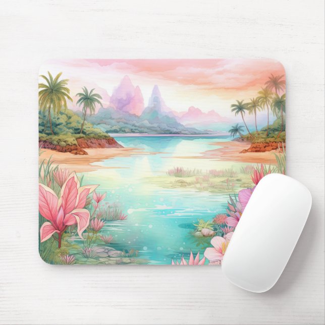 Pastel Tropical Island Beach Sunset Mountains Musmatta (Med mus)