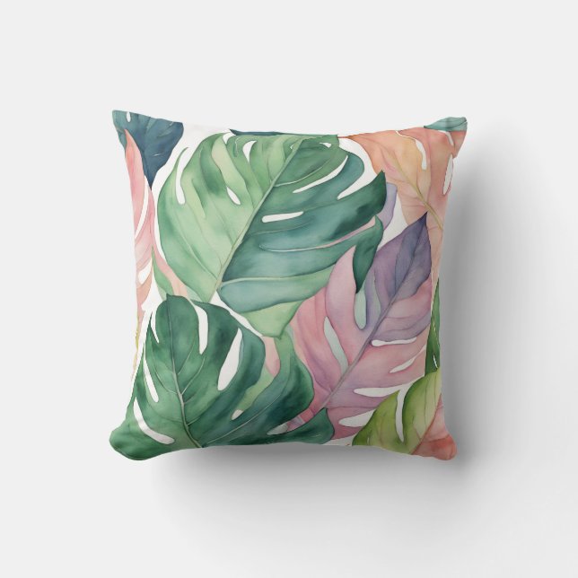 Pastel Tropical Philodendron Monstera Plant Löv Kudde (Framsida)