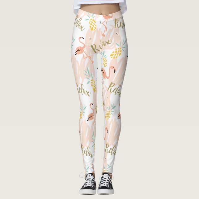 Pastel Tropical Rosa Flamingo Pattern Leggings (Framsida)