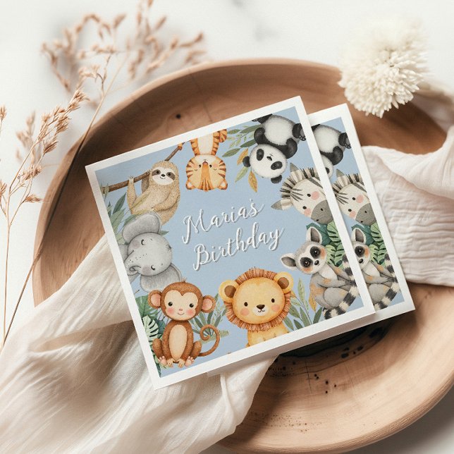 Pastel Tropical Vild One Jungle Safari Animals Pappersservett (Skapare uppladdad)