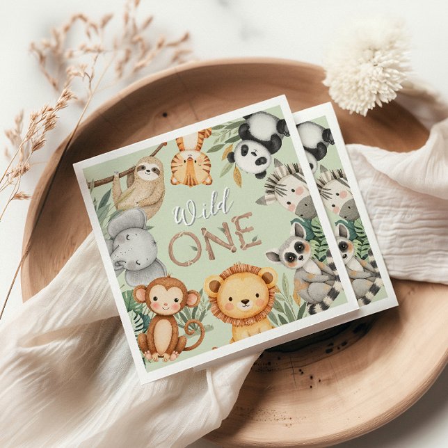 Pastel Tropical Vild One Jungle Safari Animals Pappersservett (Skapare uppladdad)