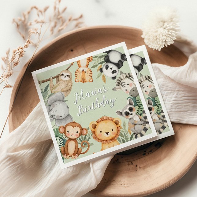Pastel Tropical Vild One Jungle Safari Animals Pappersservett (Skapare uppladdad)
