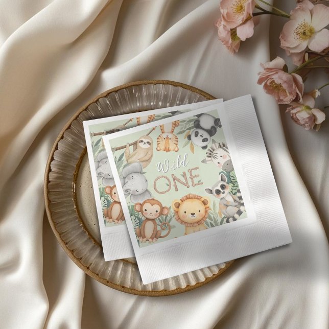 Pastel Tropical Vild One Jungle Safari Animals Pappersservett (Skapare uppladdad)