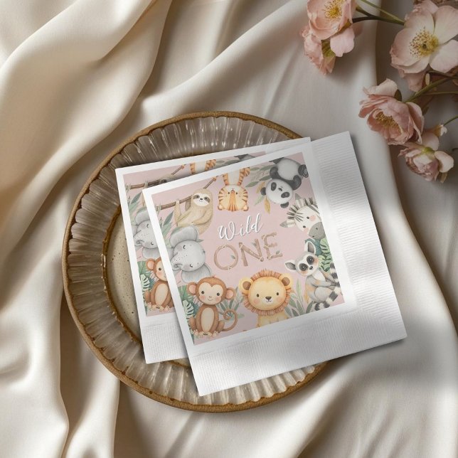 Pastel Tropical Vild One Jungle Safari Animals Pappersservett (Skapare uppladdad)