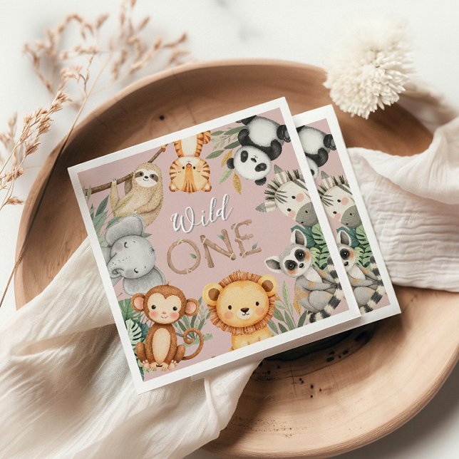Pastel Tropical Vild One Jungle Safari Animals Pappersservett (Skapare uppladdad)