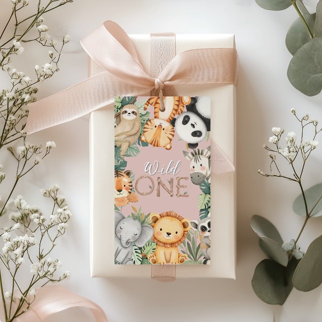 Pastel Tropical Vild One Jungle Safari Animals Presentetikett (Skapare uppladdad)