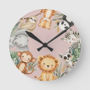 Pastel Tropical Vild One Jungle Safari Animals Rund Klocka