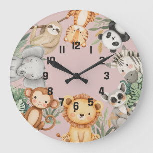 Pastel Tropical Vild One Jungle Safari Animals Stor Klocka