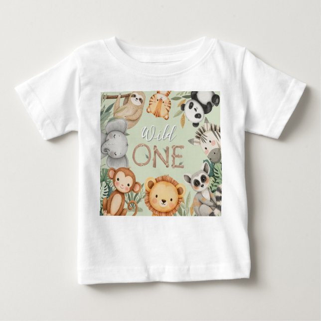 Pastel Tropical Vild One Jungle Safari Animals T Shirt (Framsida)