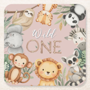 Pastel Tropical Vild One Jungle Safari Animals Underlägg Papper Kvadrat