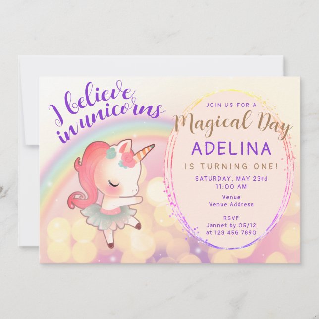 Pastel tror på Unicorns första födelsedag Inbjudningar (Framsida)