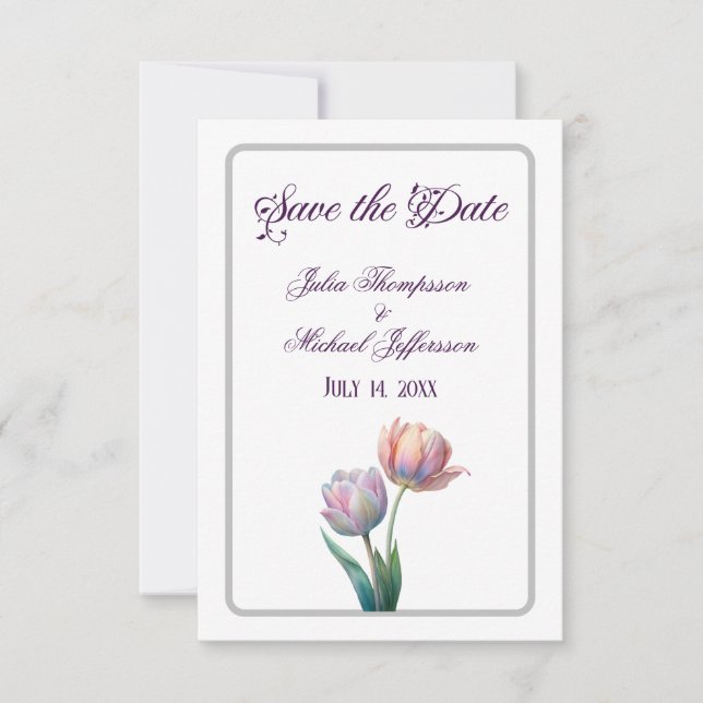 Pastel Tulip Bröllop Suite Elegant Typography Spara Datumet (Framsida)